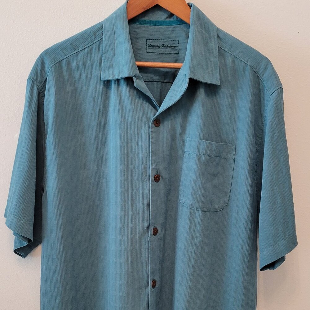TOMMY BAHAMA 100% Silk Camp Shirt ~ Large ~ Dusty Teal